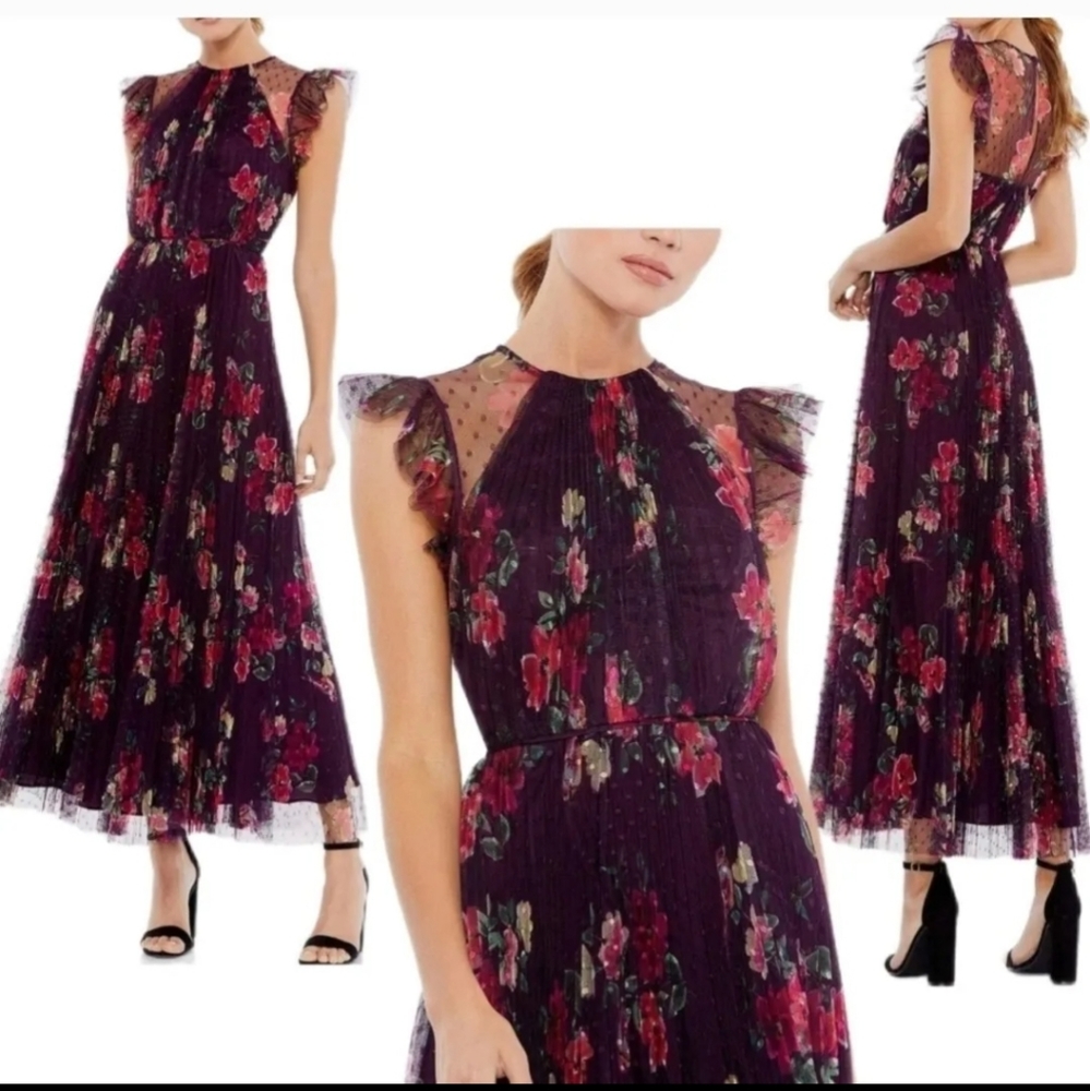 IEENA FOR MAC DUGGAL 2143 Floral Flutter Sleeve Midi Dress Size 0